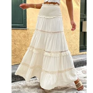 Boho Off White High Waisted Fringe Detail Maxi Skirt XS S M L